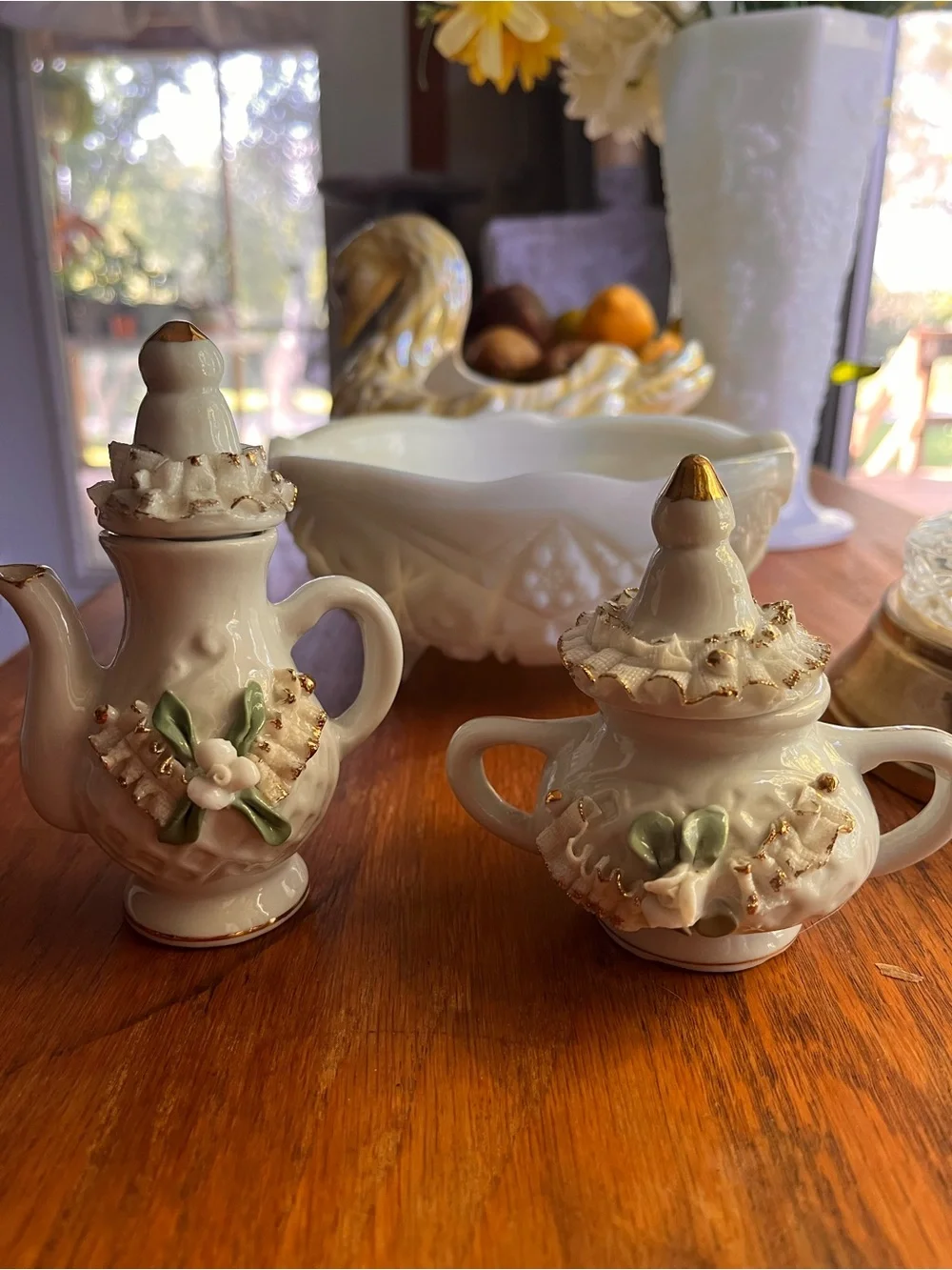 White Porcelain Creamer and Sugar Set with Gold Accents